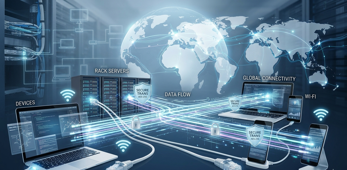Realistic illustration of a global computer network showing devices connected via wired and wireless links with secure data transmission.