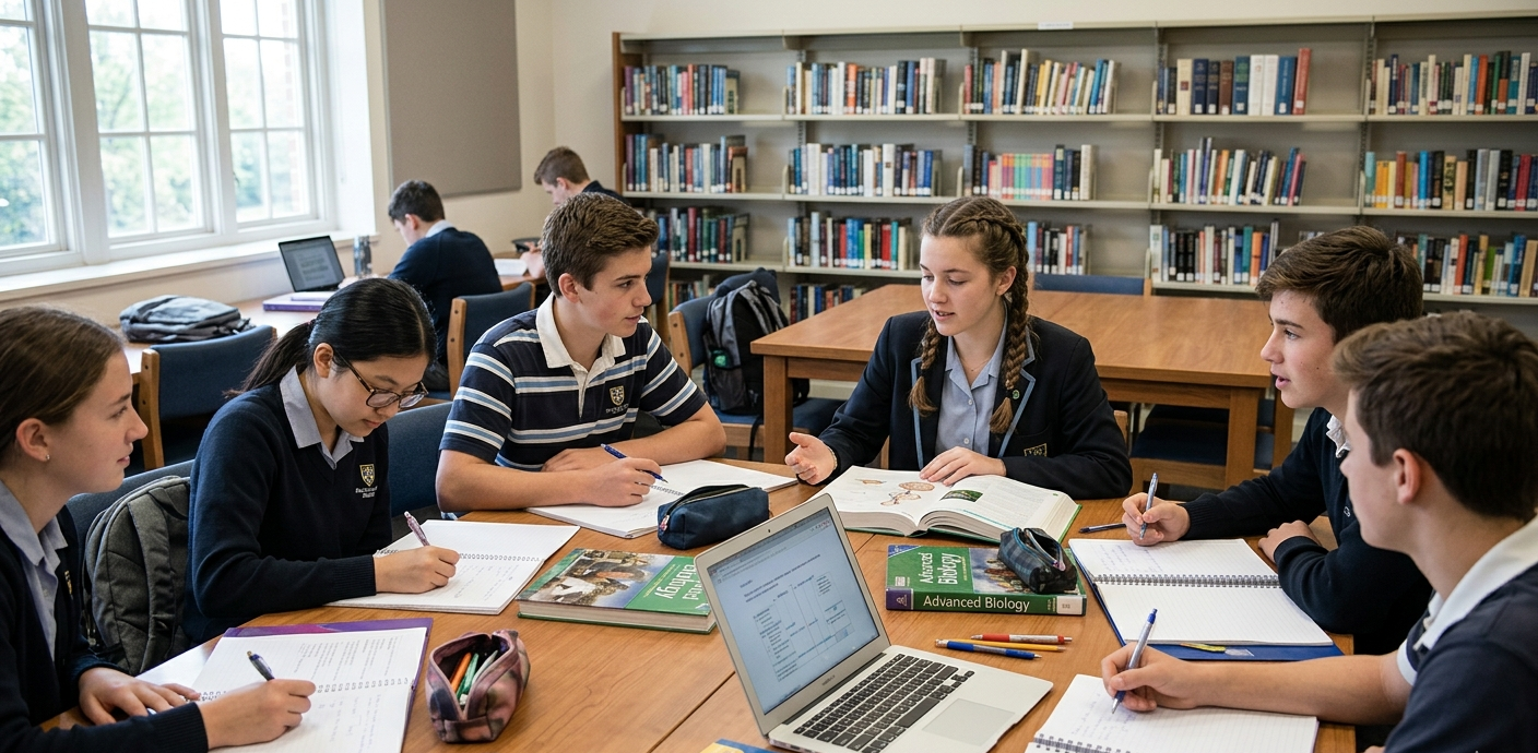 Secondary school students engaged in a focused group study session in a library with books, notes, and a laptop