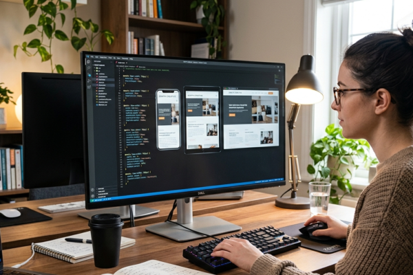 A web developer working on responsive web design, adjusting a website's layout across different screen sizes on multiple devices.