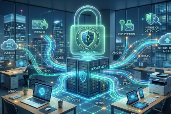 Featured image showing a secured network with protected devices, data encryption, and cybersecurity elements.