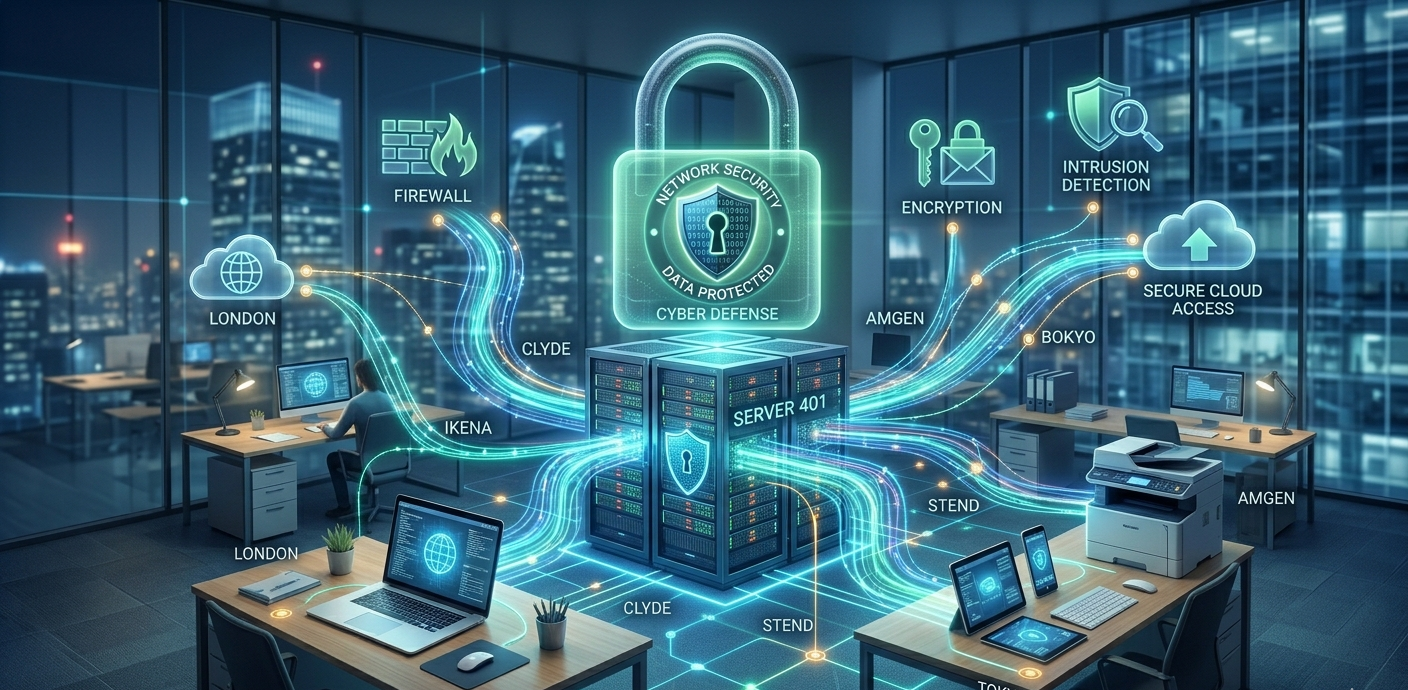 Featured image showing a secured network with protected devices, data encryption, and cybersecurity elements.