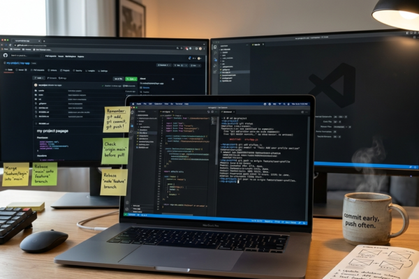 A developer's workspace with a laptop displaying GitHub repository and Git commands, with sticky notes and coffee on the desk.