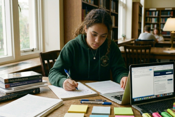 Focused student writing a high-scoring school assignment at a study desk