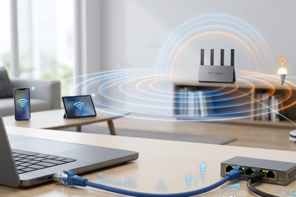 Modern workspace showing wired Ethernet and wireless Wi-Fi connections with devices connected to a network.