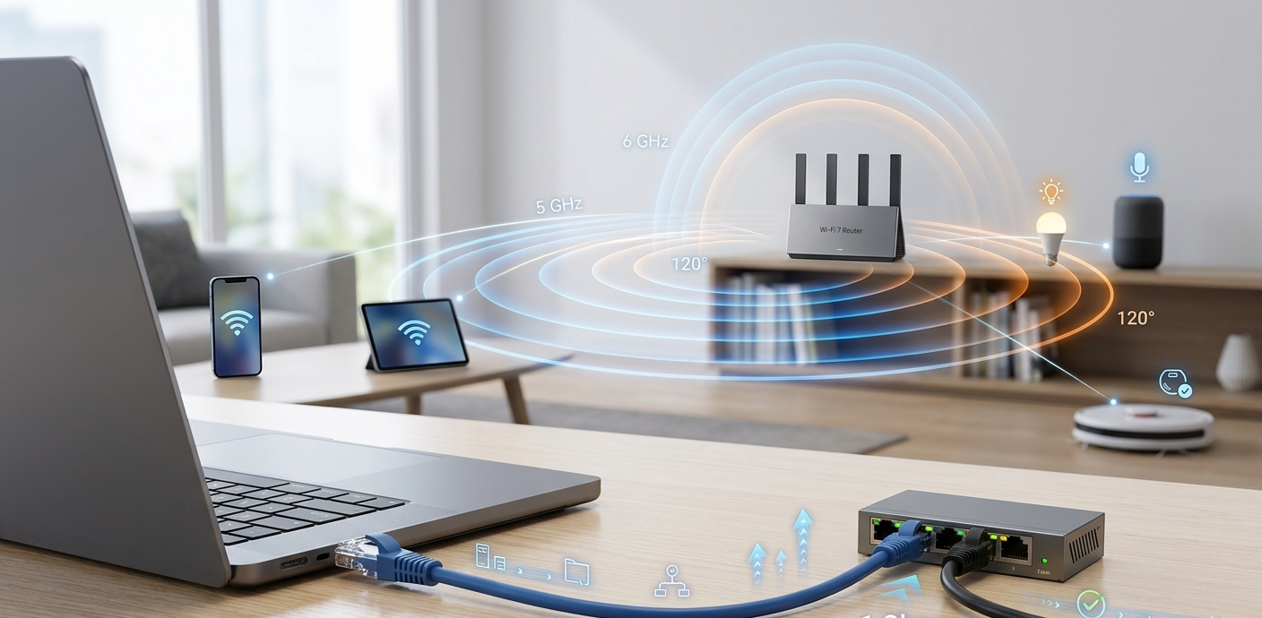 Modern workspace showing wired Ethernet and wireless Wi-Fi connections with devices connected to a network.