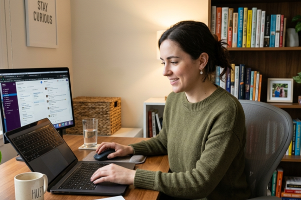 Young professional working from home using laptop for remote work and software management