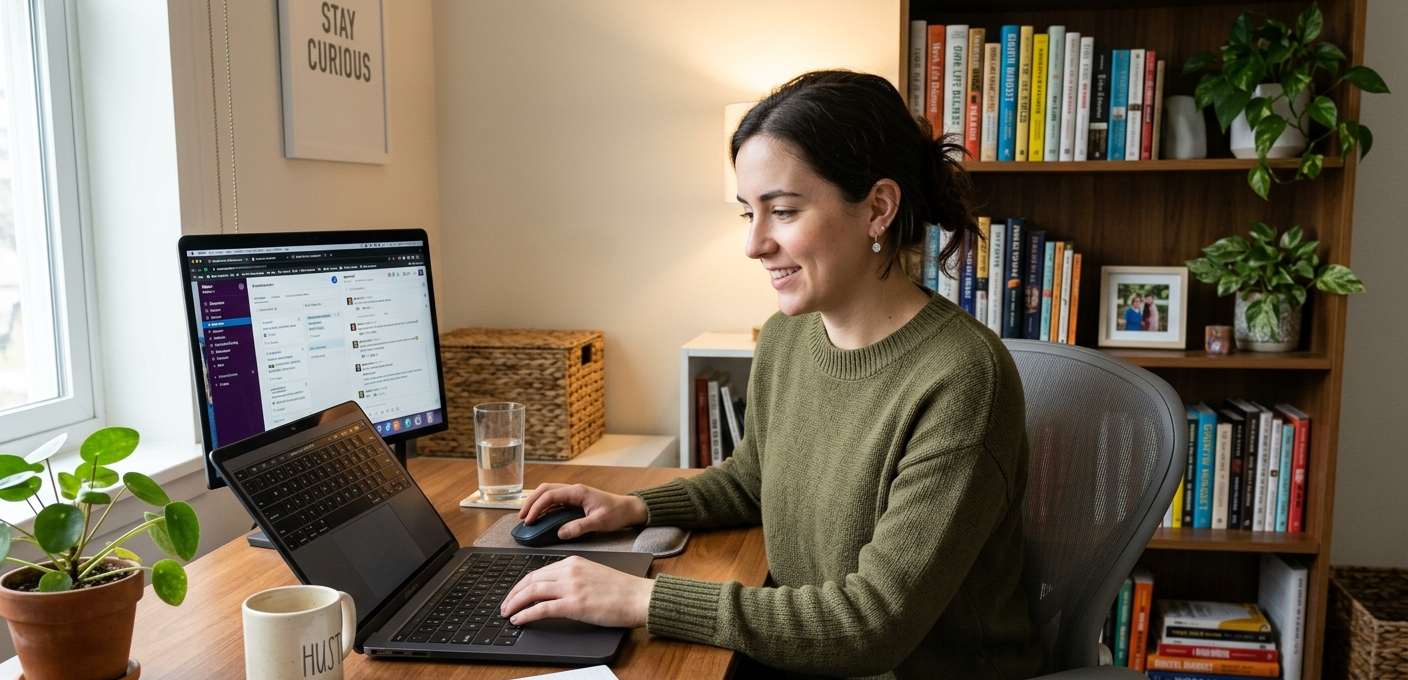 Young professional working from home using laptop for remote work and software management