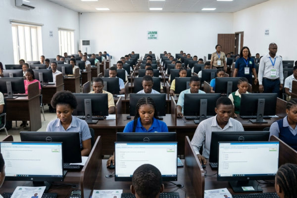Nigerian students writing a Post UTME CBT examination in a computer lab