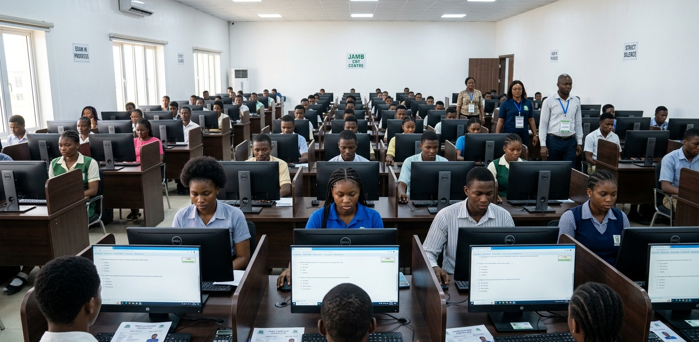 Nigerian students writing a Post UTME CBT examination in a computer lab