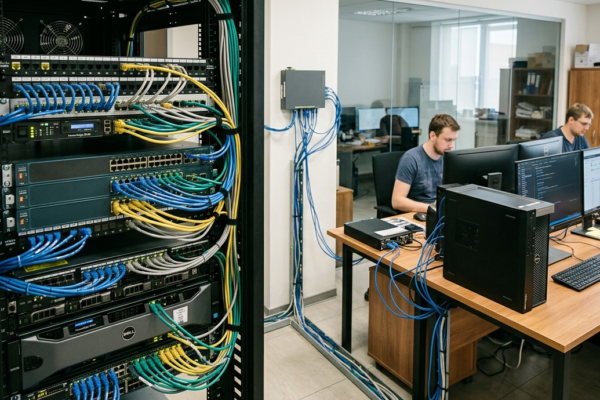 Office network setup showing computers and servers connected via network hub