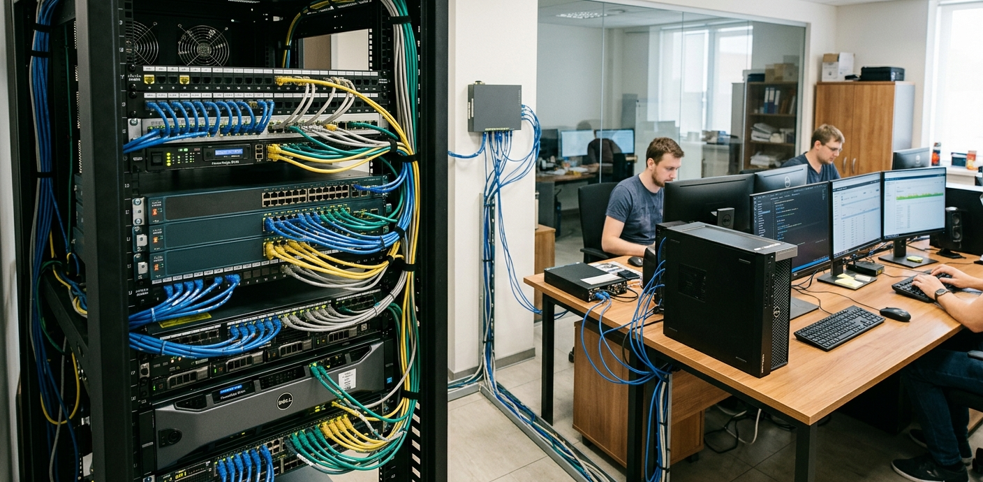 Office network setup showing computers and servers connected via network hub
