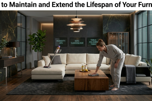Modern homeowner performing furniture maintenance on wooden and upholstered furniture in a stylish contemporary living room.