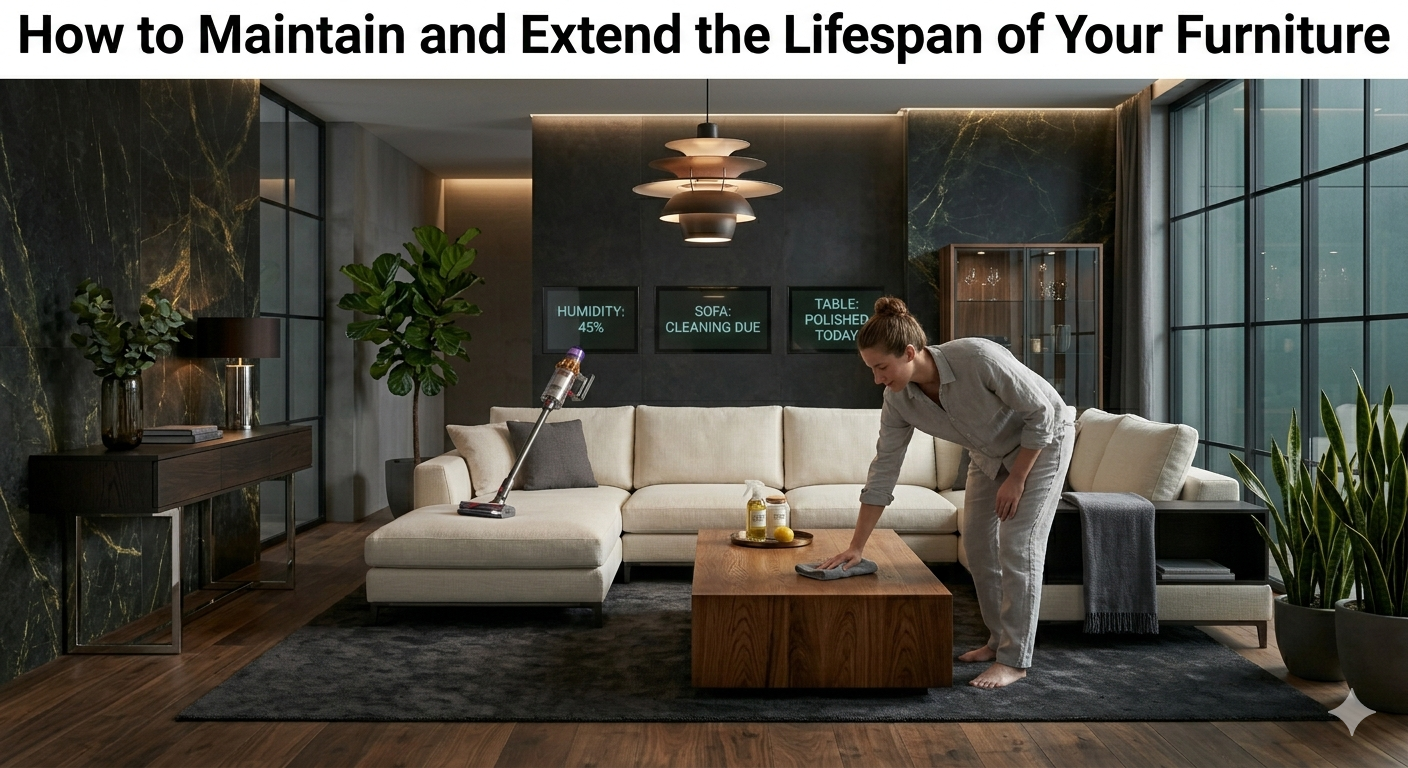 Modern homeowner performing furniture maintenance on wooden and upholstered furniture in a stylish contemporary living room.