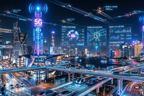 Futuristic city with 5G connectivity, IoT devices, and real-time data overlays.
