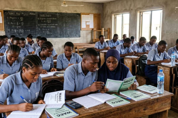 Nigerian students studying WAEC, NECO and JAMB past questions in a classroom