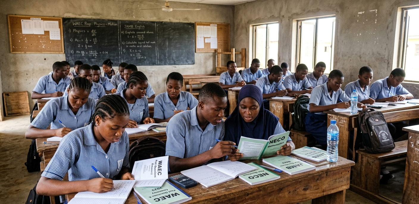 Nigerian students studying WAEC, NECO and JAMB past questions in a classroom