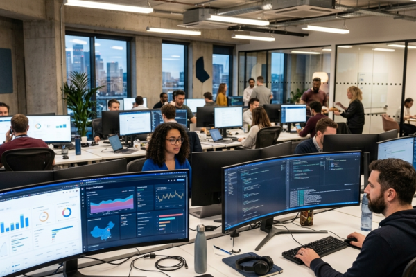Employees working on multiple software platforms in a modern office environment