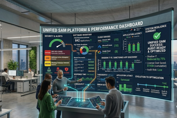 Enterprise IT team monitoring software management dashboards showing integration, cybersecurity, and system performance metrics.