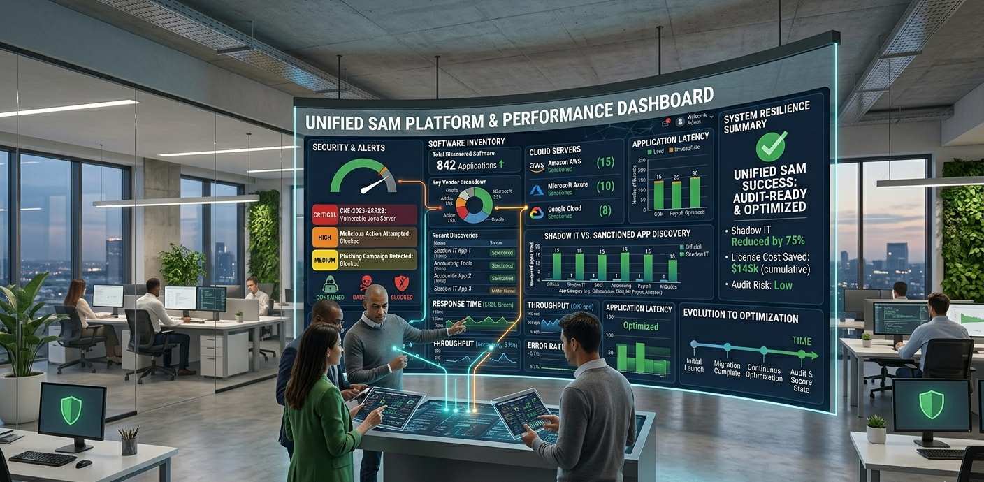 Enterprise IT team monitoring software management dashboards showing integration, cybersecurity, and system performance metrics.
