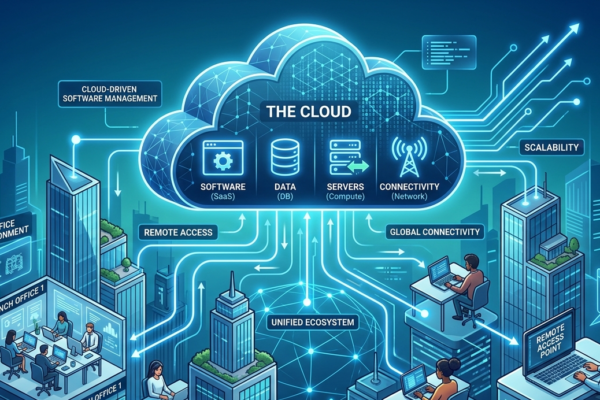 Illustration of cloud computing over a modern office cityscape with icons for software, data, servers, and network connectivity representing cloud-based IT software management