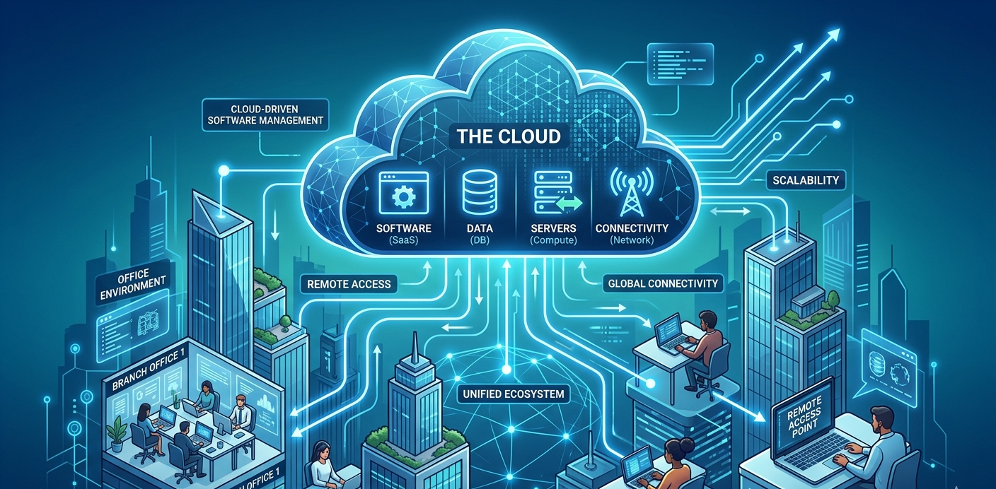 Illustration of cloud computing over a modern office cityscape with icons for software, data, servers, and network connectivity representing cloud-based IT software management