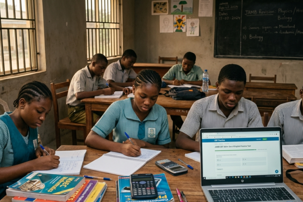 Nigerian secondary school students studying for WAEC, NECO, and JAMB examinations in a classroom.