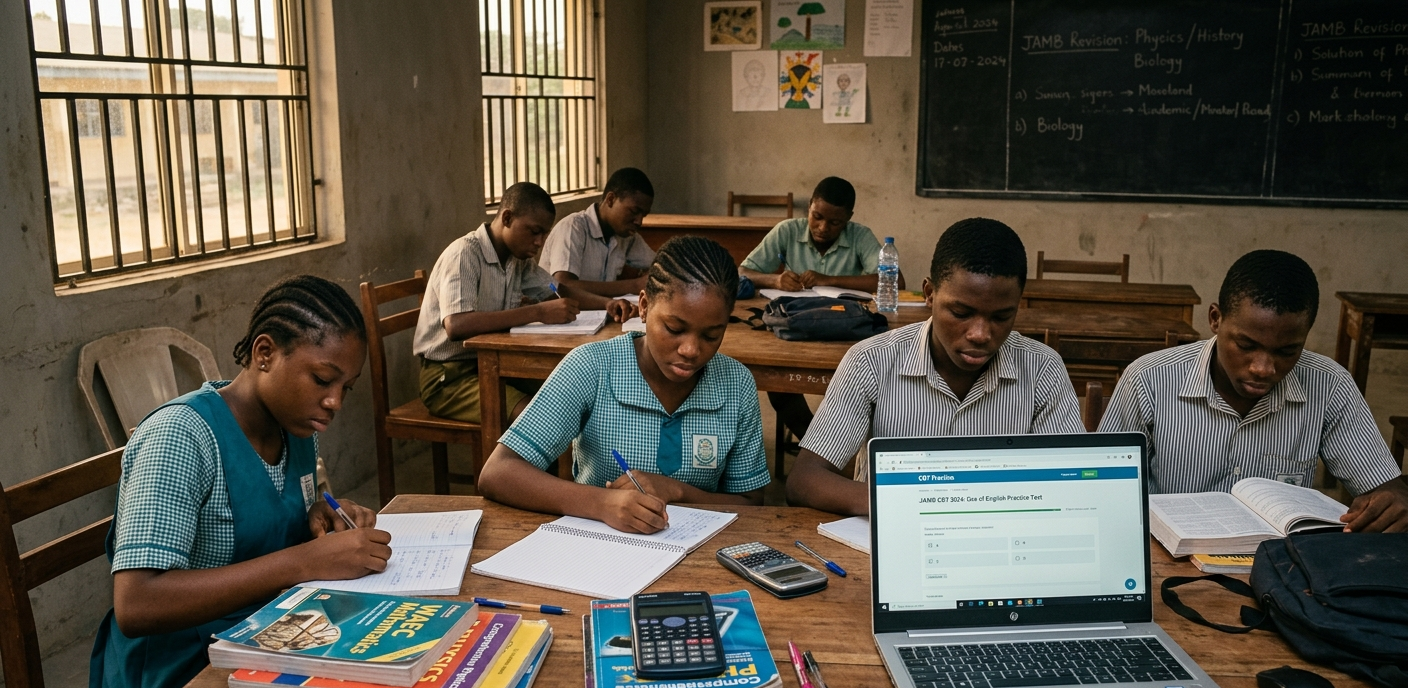 Nigerian secondary school students studying for WAEC, NECO, and JAMB examinations in a classroom.