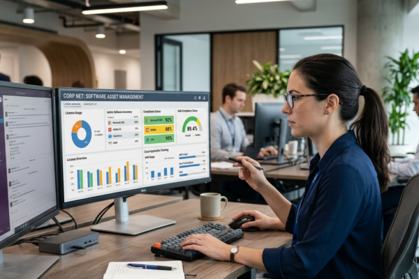 IT administrator monitoring software asset management dashboard with license tracking and usage analytics in a corporate office