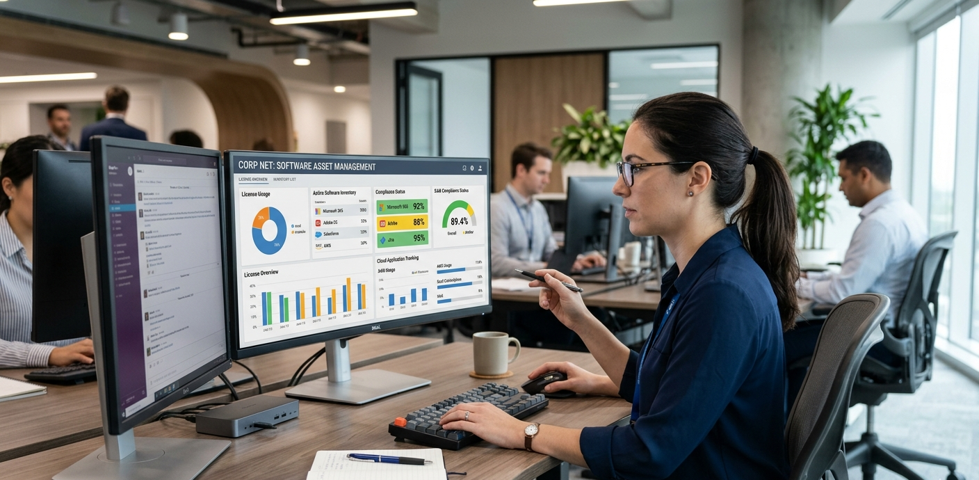 IT administrator monitoring software asset management dashboard with license tracking and usage analytics in a corporate office