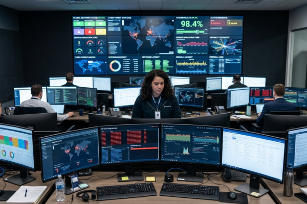 Modern IT office displaying software management dashboards with cybersecurity alerts