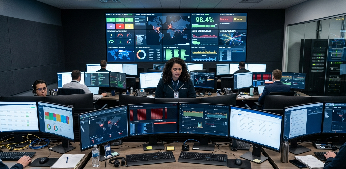 Modern IT office displaying software management dashboards with cybersecurity alerts