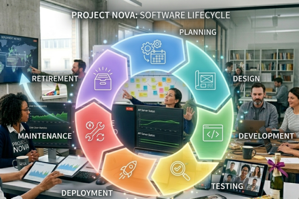 Software lifecycle management concept showing all stages in a circular diagram.