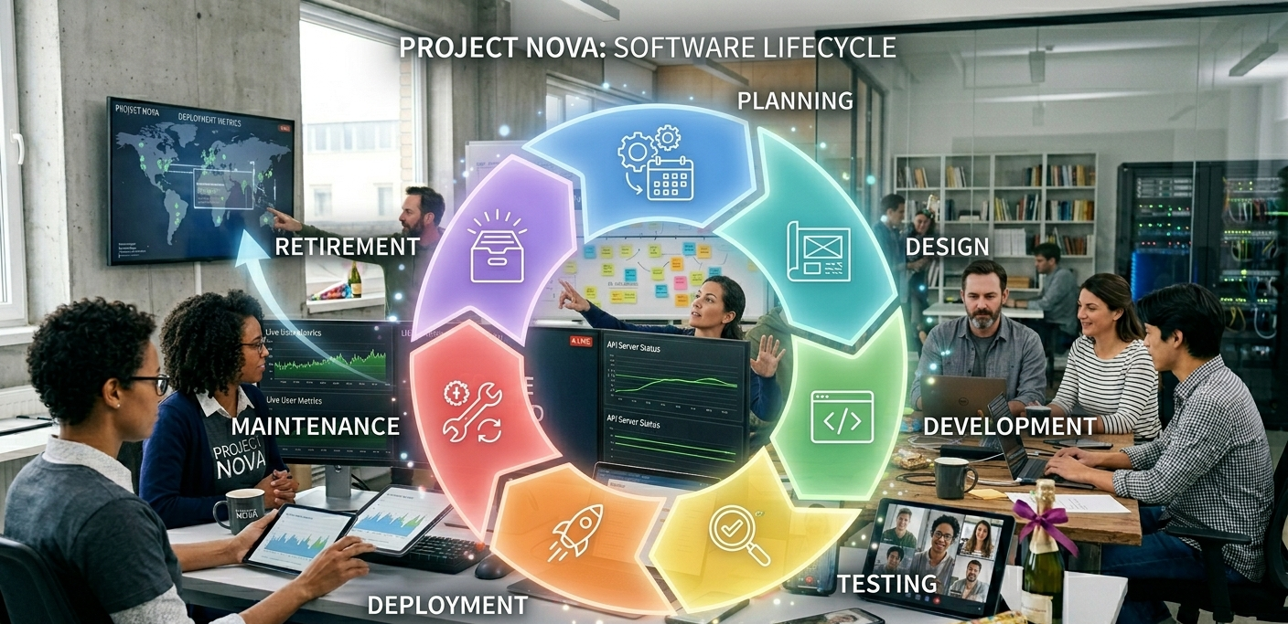 Software lifecycle management concept showing all stages in a circular diagram.