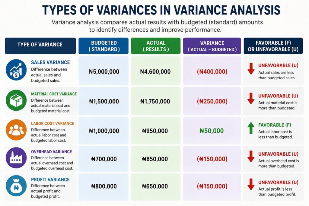 Concept of variance analysis showing favorable and unfavorable budget variances in management accounting