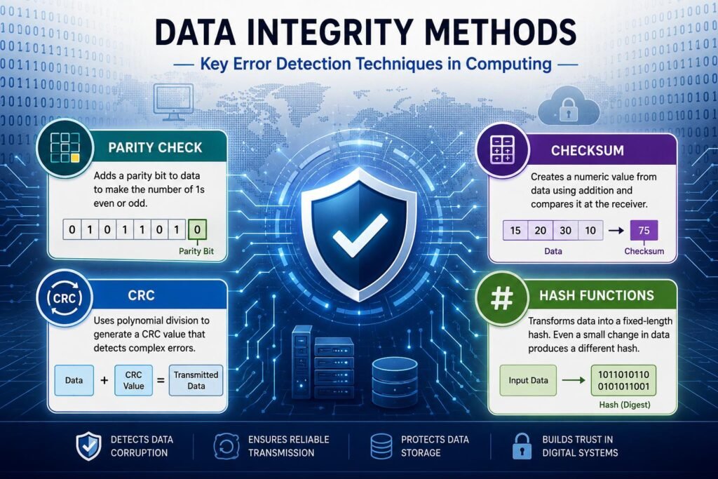 Error Detection Techniques in Computing illustrating checksum CRC parity check and hash function methods for data integrity