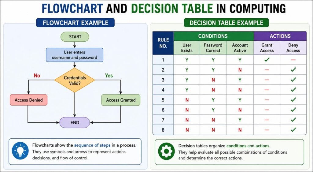 Flowcharts and Decision Tables used for visual problem solving in computing systems