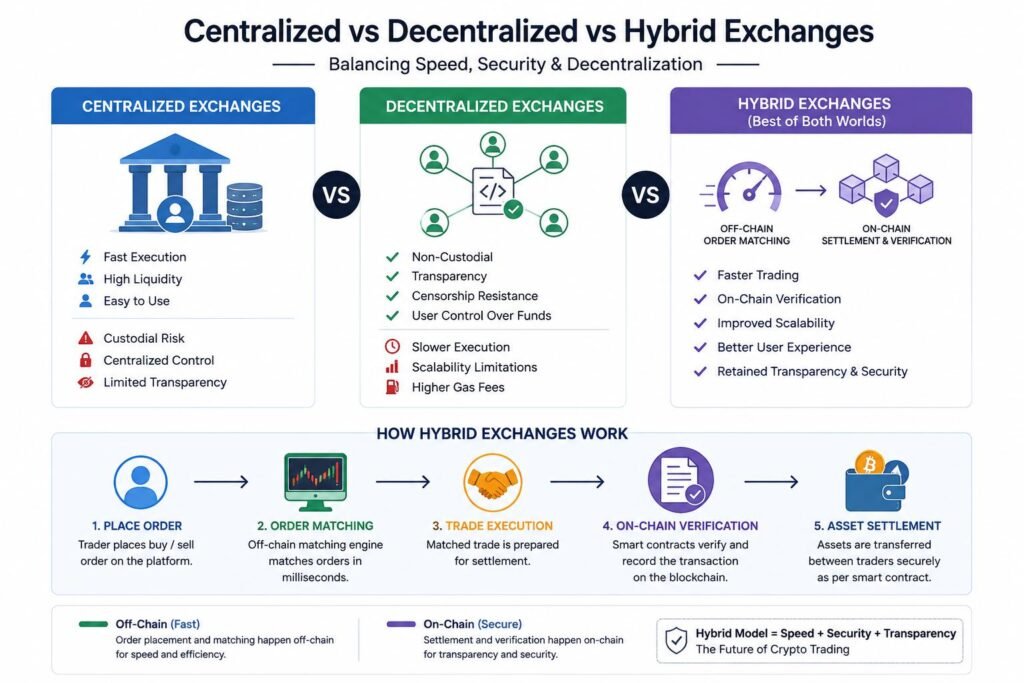 Fast crypto trading through hybrid exchanges using off-chain order books and on-chain settlement