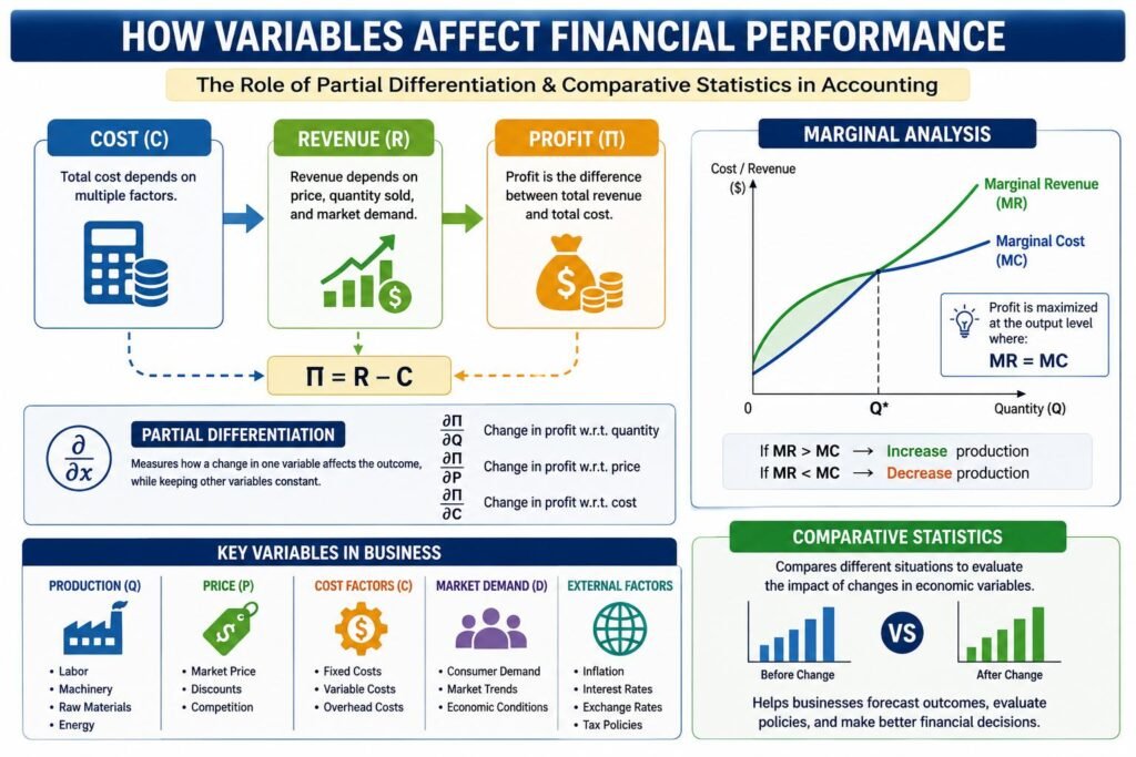 Partial Differentiation in Accounting infographic explaining marginal analysis and financial variables