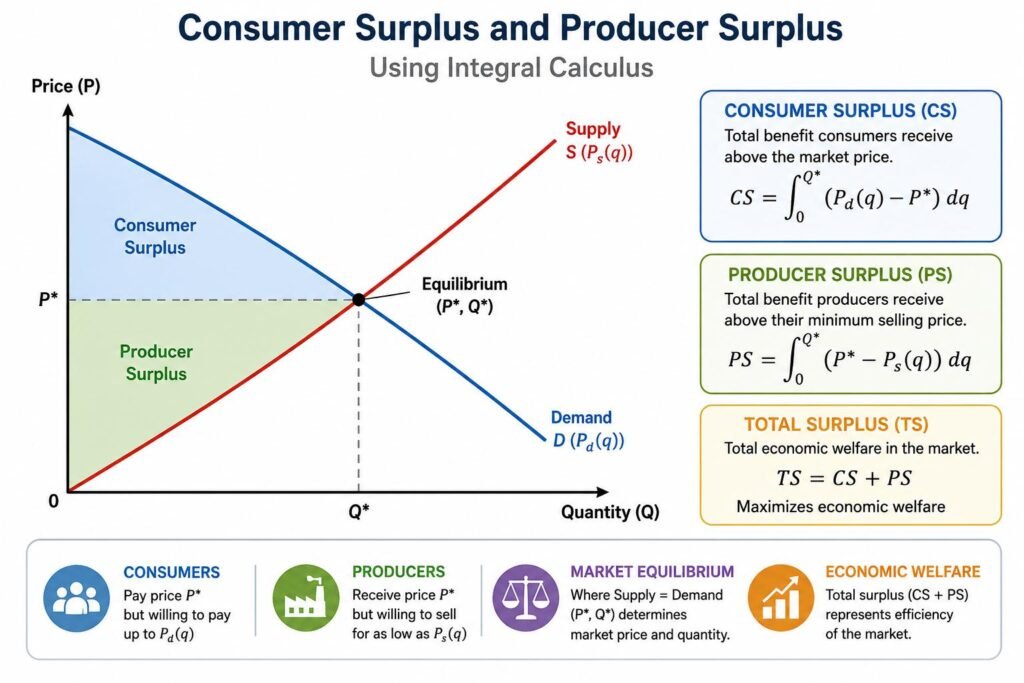Integral Calculus in Producer and Consumer Surplus Analysis graph explaining consumer and producer surplus