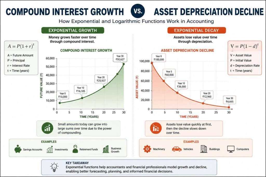 Exponential and Logarithmic Functions in Accounting showing compound interest growth and depreciation trends