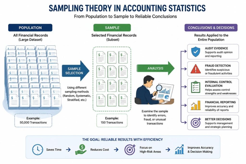 Sampling theory in accounting statistics showing population and sample selection process
