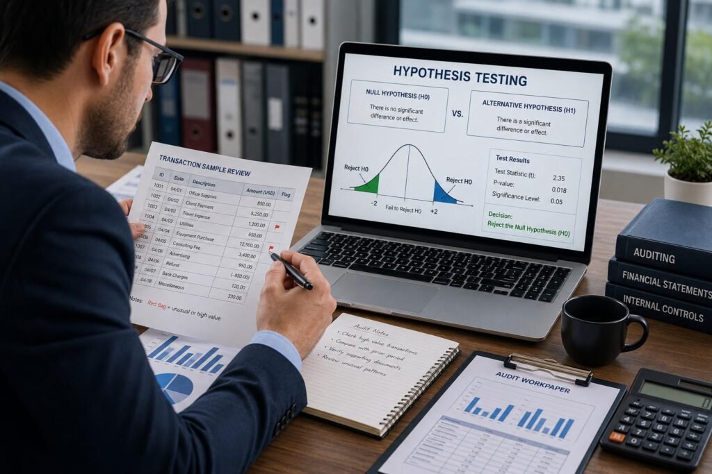 An auditor reviewing financial transaction samples with charts and hypothesis testing diagrams displayed on a laptop during an accounting analysis session.
