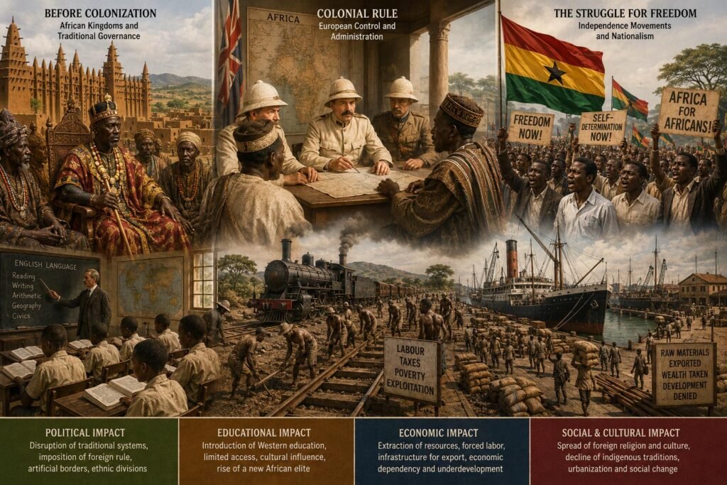 How Colonialism Shaped African History and Modern Nations showing colonial influence on African governance, education, economy, and independence movements.