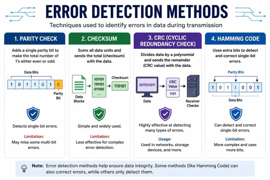 Fundamentals of data transmission with common error detection methods in networking