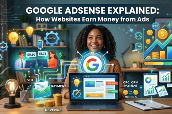 A detailed illustration explaining how Google AdSense works.