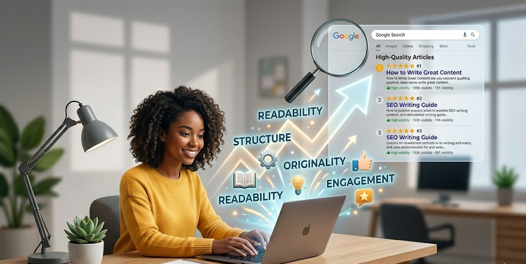 Google search results page showing ranked articles and glowing terms like "Readability," "Structure," "Originality," and "Engagement" as content writing tips