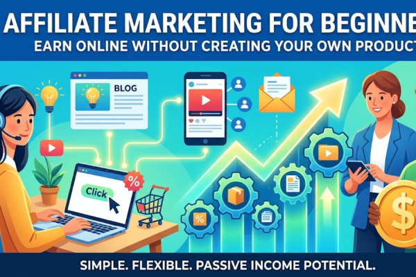 illustration showing an online workspace with top banner that reads "AFFILIATE MARKETING FOR BEGINNERS: EARN ONLINE WITHOUT CREATING YOUR OWN PRODUCT"