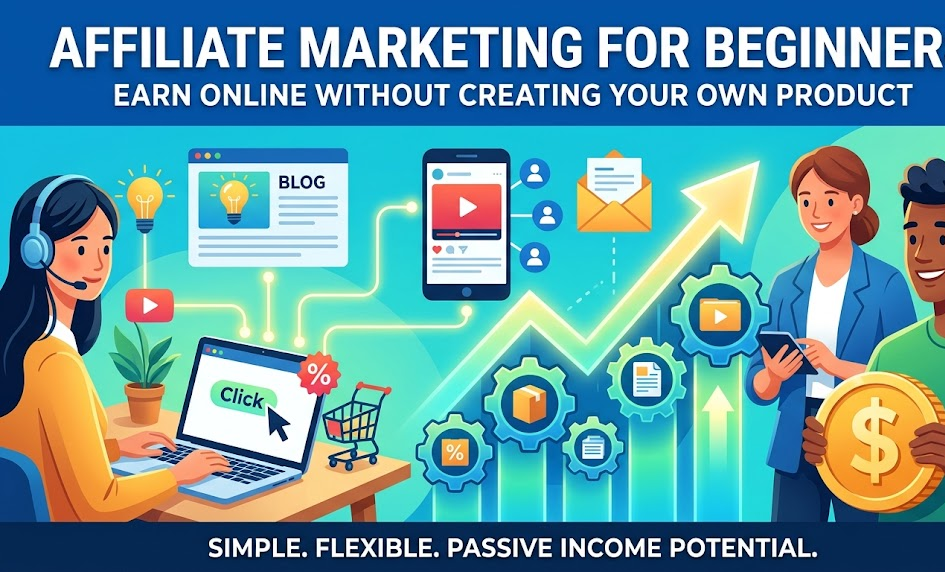 illustration showing an online workspace with top banner that reads "AFFILIATE MARKETING FOR BEGINNERS: EARN ONLINE WITHOUT CREATING YOUR OWN PRODUCT"