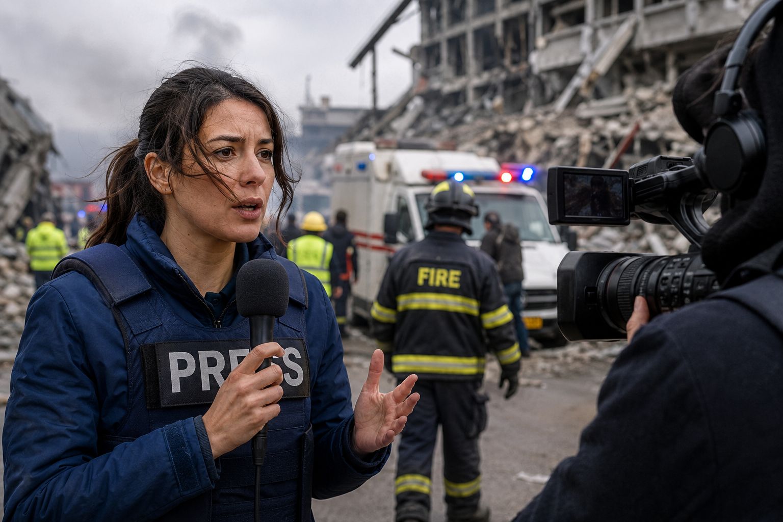 Journalist reporting live from a major news event scene with camera crew, emergency responders, and chaotic surroundings in the background.