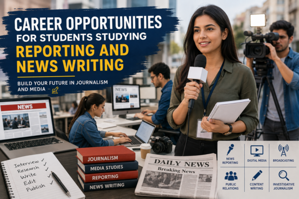 Students studying journalism and reporting while working in a modern digital newsroom environment, showing career opportunities in media
